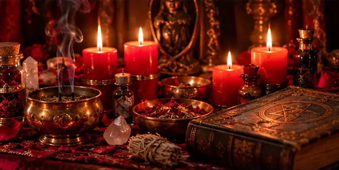 Altar con incienso, cuarzo rosa y grimorio para consagrar el talismán de cobre