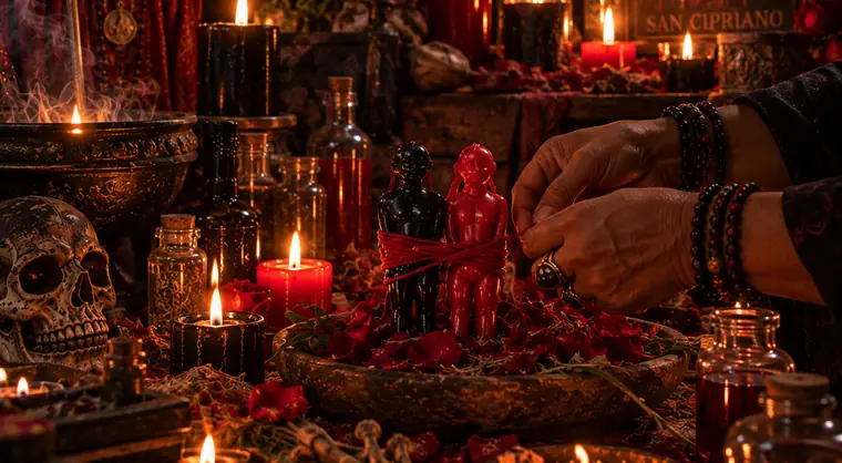 Altar de San Cipriano con frascos de aceites y figuras atadas con cordón rojo
