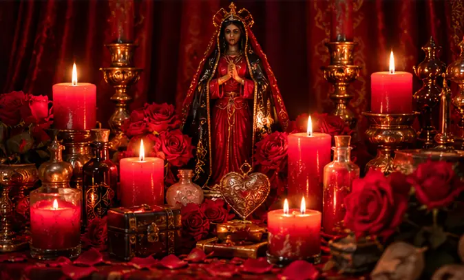 Altar de la Virgen con velas rojas, rosas y corazón dorado para la ofrenda