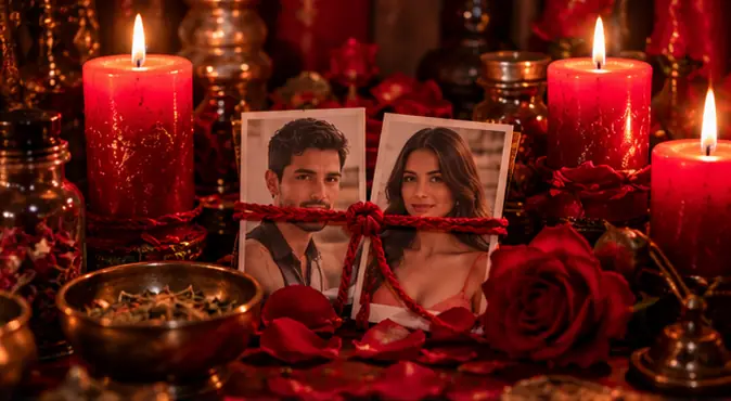 Dos fotos atadas con cordón rojo entre velas y rosas, sobre el altar de la piedra imán