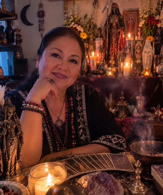 Maestra Rosalía, lectora de tarot del equipo, en su mesa de cartas