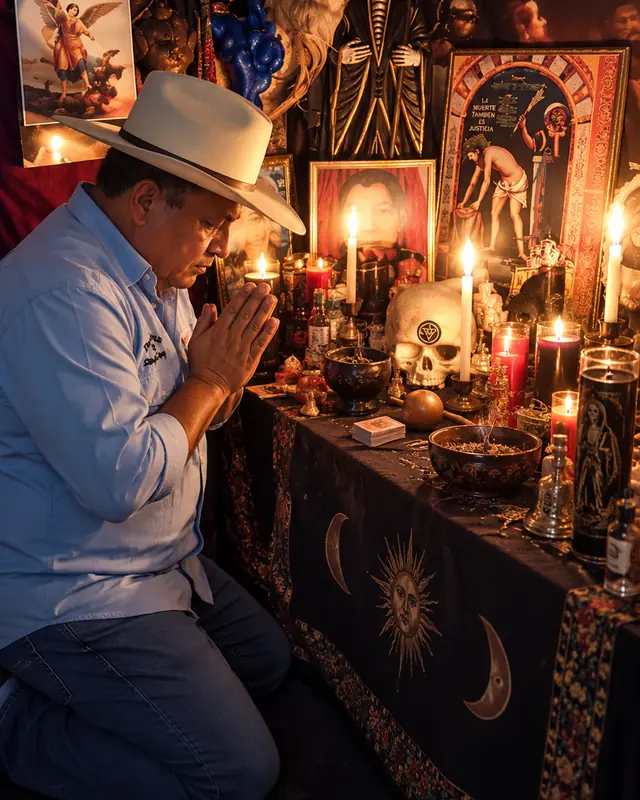 Maestro Elías Montenegro orando de rodillas frente a su altar antes de un ritual de amor