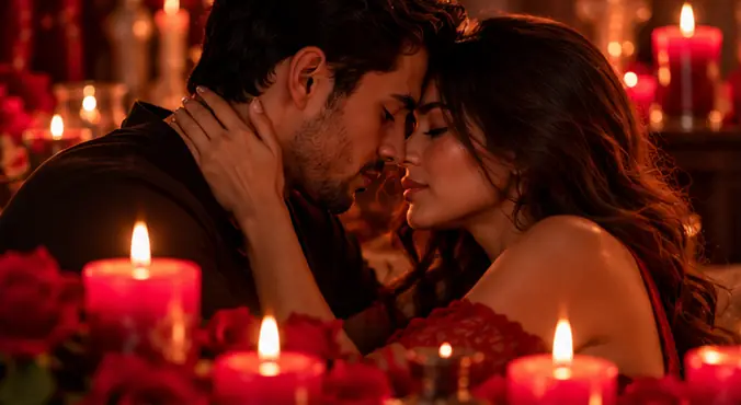 Pareja abrazada entre velas rojas: ritual de la manzana de Venus para enamorar a un hombre