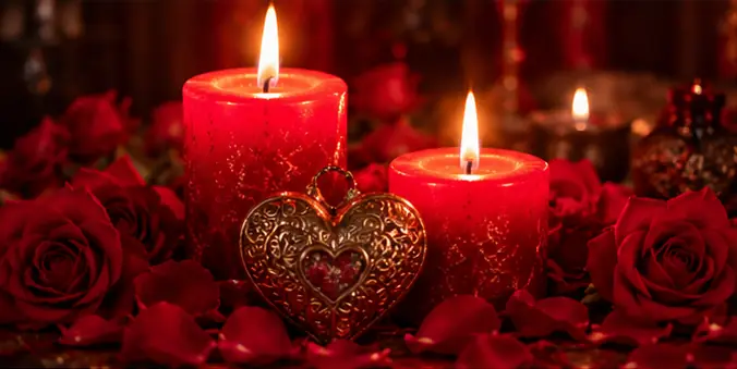 Velas rojas encendidas con un corazón dorado y pétalos de rosa para el hechizo para enamorar a un hombre